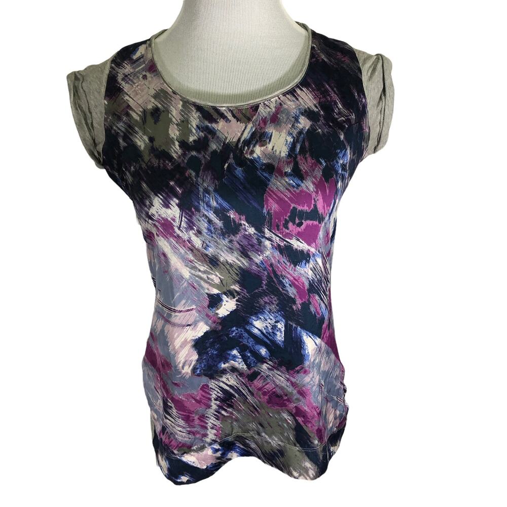 Calvin Klein Women's Purple Gray Rolled Sleeve Silk Front Blouse Top SIZE Small